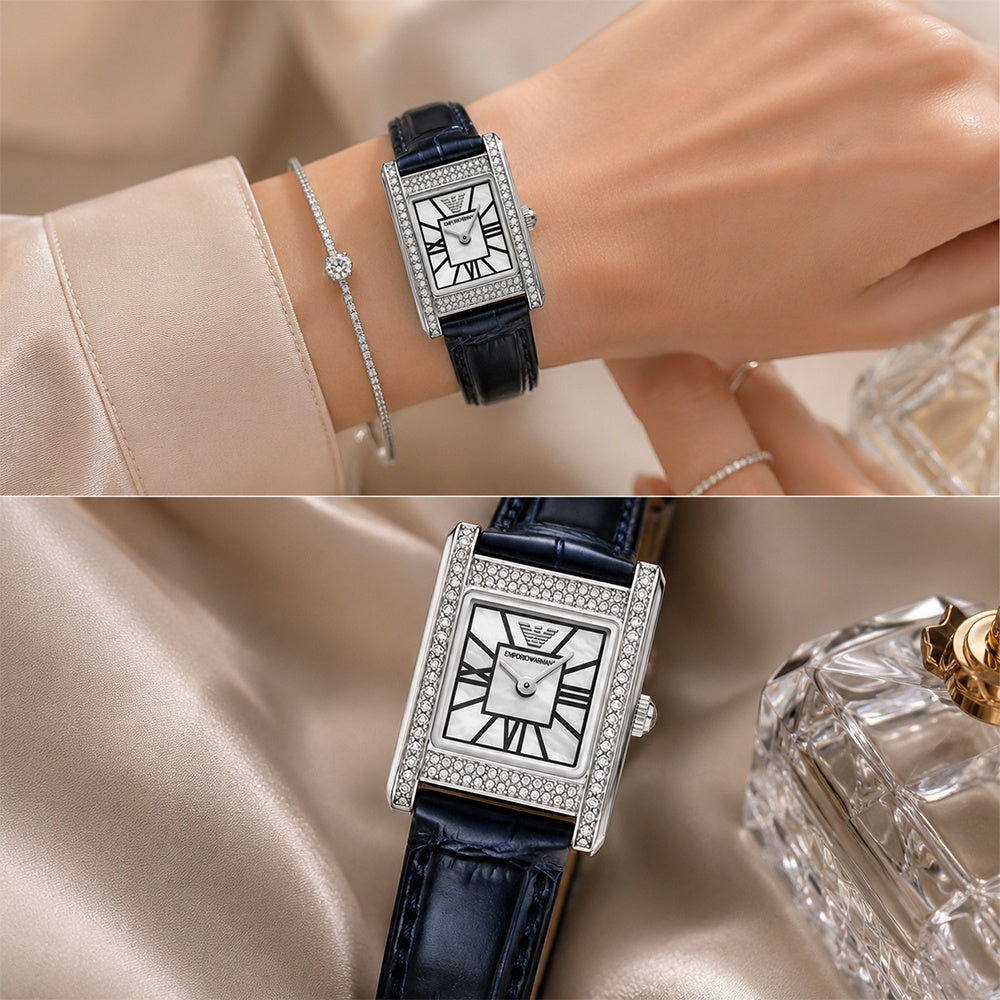 Emporio Armani Genni White Dial Blue Leather Strap Watch for Women - AR11718