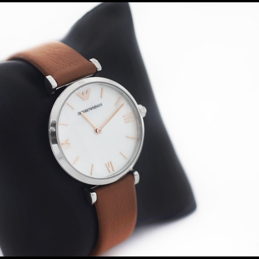Emporio Armani Gianni T-Bar White Dial Brown Leather Strap Watch for Women - AR1988