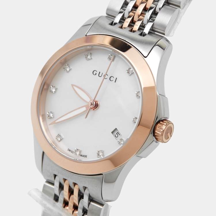 Gucci G Timeless Diamonds Mother of Pearl Dial Two Tone Mesh Bracelet Watch For Women - YA126514