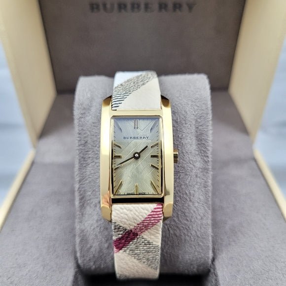 Burberry Pioneer Gold Dial Haymarket Beige Leather Strap Watch for Women - BU9509