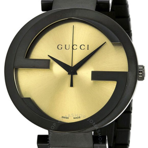 Gucci Interlocking Grammy XL Gold Dial Black Steel Strap Watch for Men - YA133209