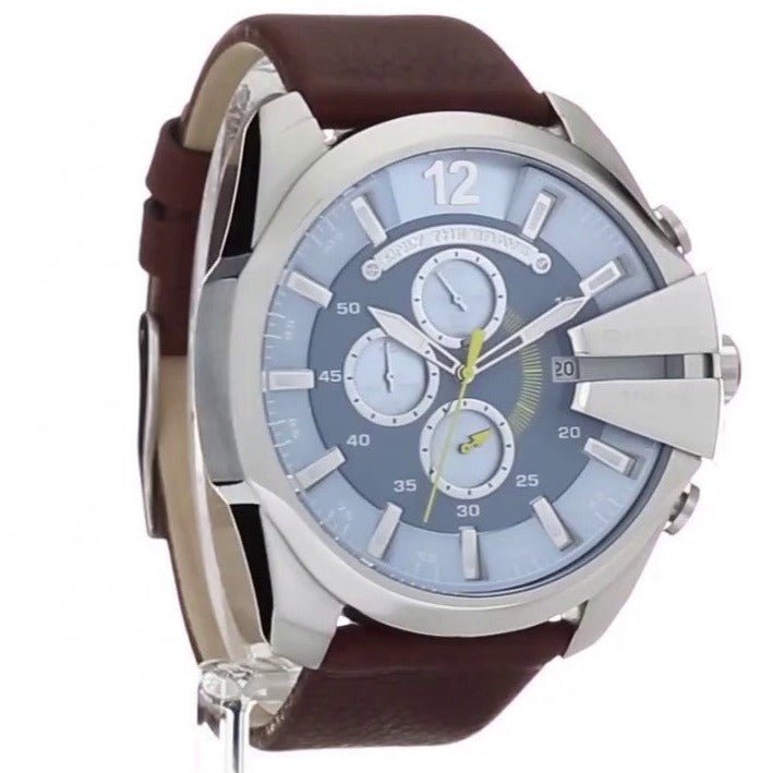 Diesel Mega Chief Chronograph Blue Dial Brown Leather Strap Watch For Men - DZ4281