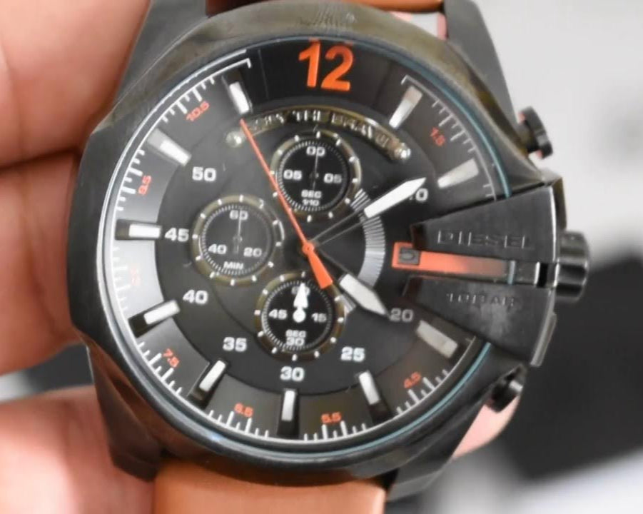 Diesel Mega Chief Chronograph Black Dial Brown Leather Strap Watch For Men - DZ4343