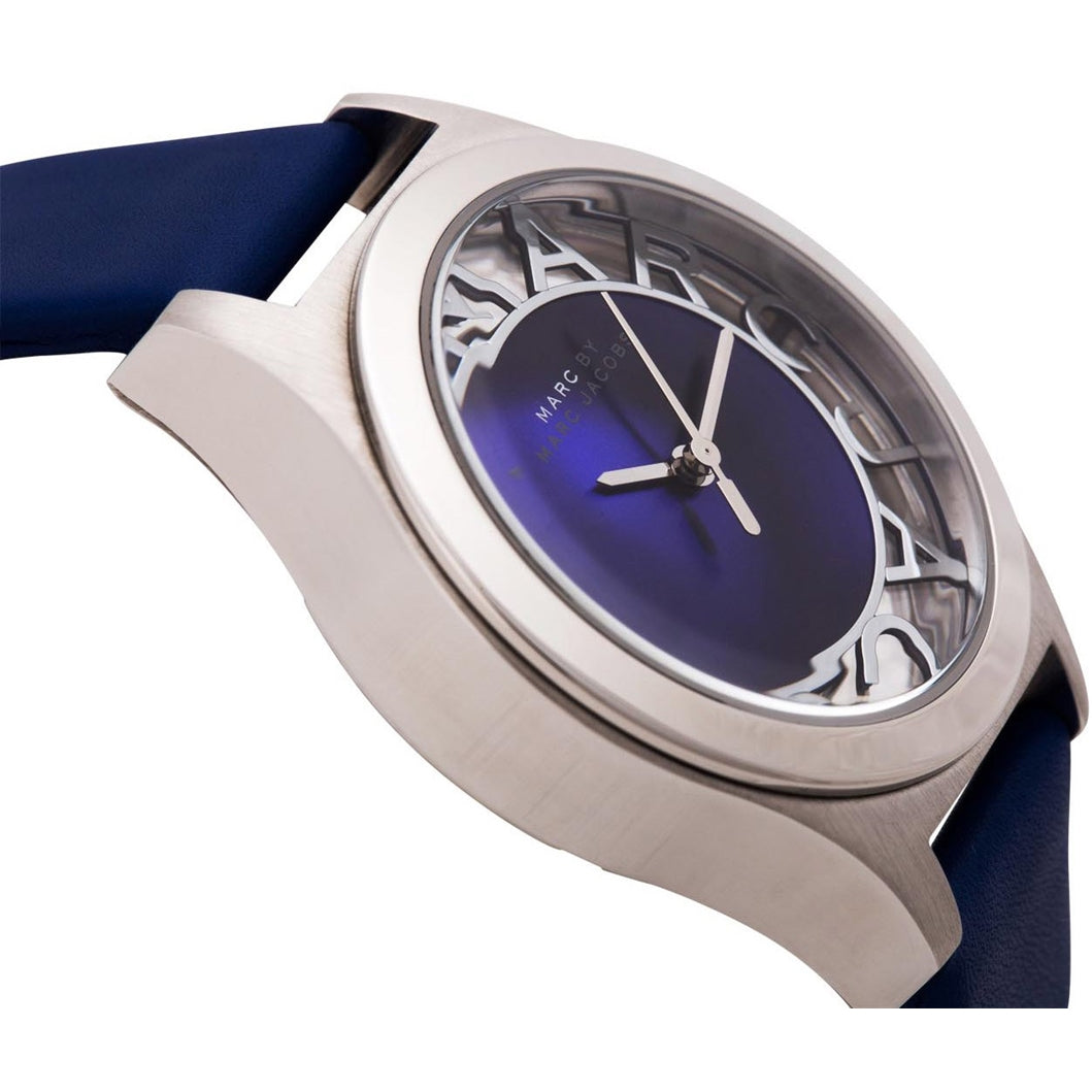 Marc Jacobs Henry Skeleton Blue Dial Blue Leather Strap Watch for Women - MBM1337