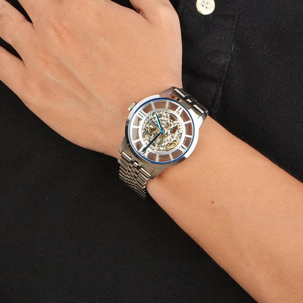 Fossil Townsman Automatic Skeleton Silver Dial Silver Steel Strap Watch for Men - ME3044