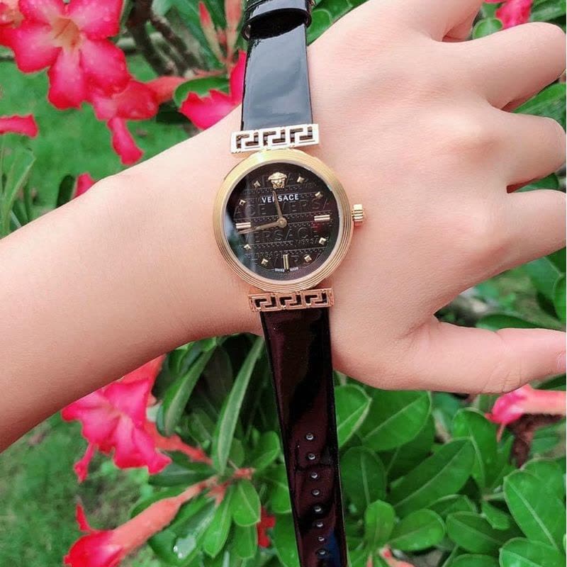 Versace Greca Meander Black Dial Black Leather Strap Watch for Women - VELW00420