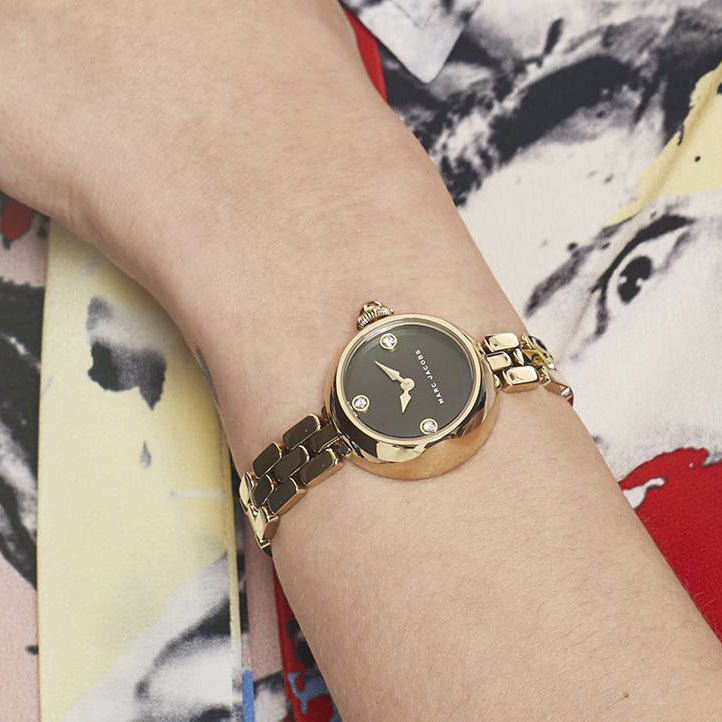 Marc Jacobs Courtney Mother of Pearl Black Dial Gold Steel Strap Watch for Women - MJ3460