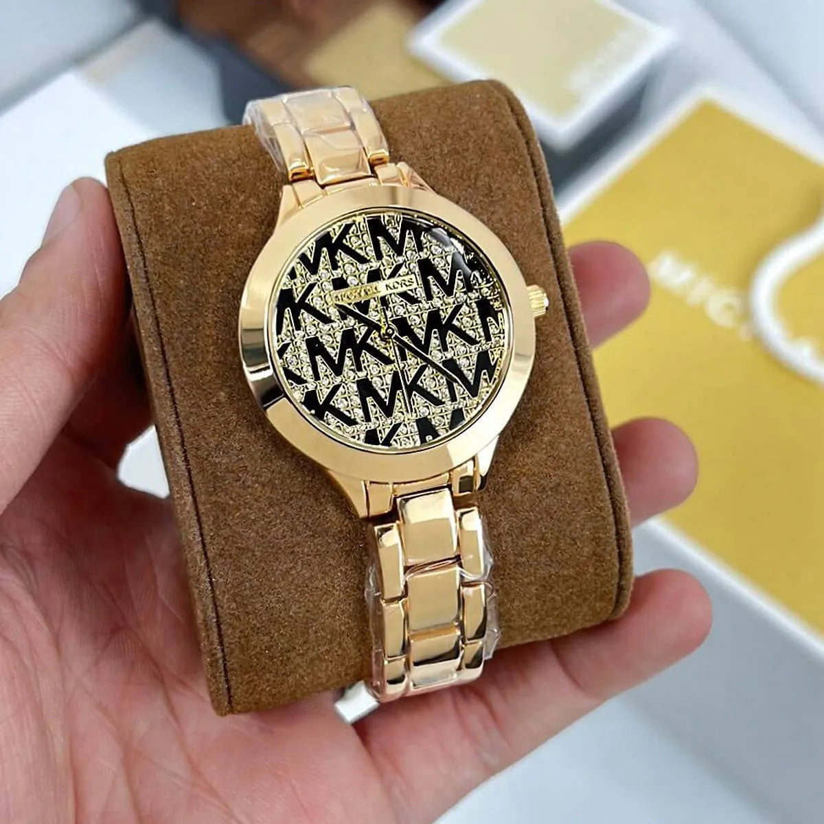 Michael Kors Slim Runway Crystals Gold Dial Gold Steel Strap Watch for Women - MK4659