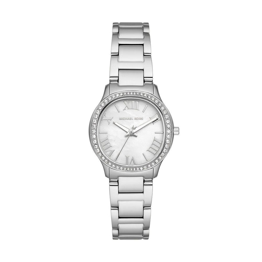 Michael Kors Sage Three-Hand Mother of Pearl White Dial Silver Steel Strap Watch for Women - MK4824