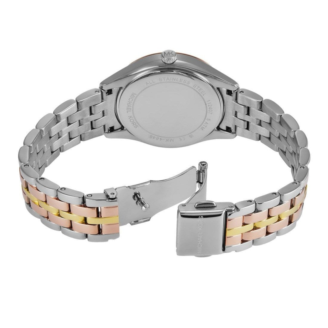 Michael Kors Harlowe Three-Hand Mother of Pearl White Dial Tri Tone Steel Strap Watch for Women - MK4846