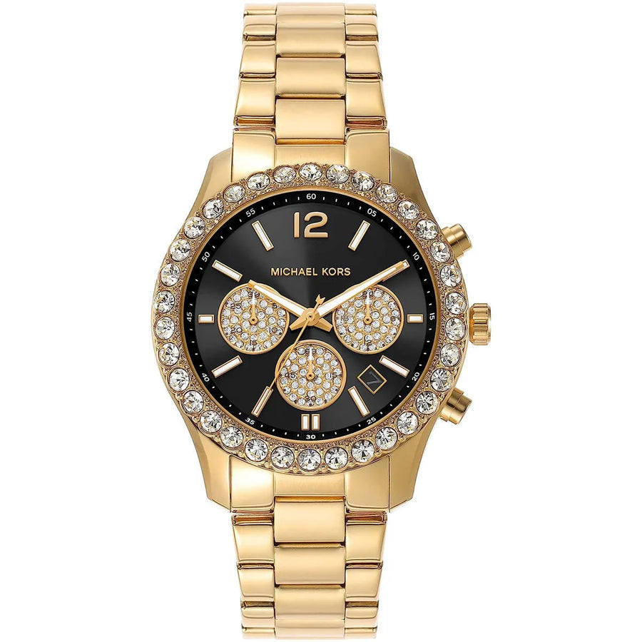 Michael Kors Berkley Chronograph Black Dial Gold Steel Strap Watch For Women - MK7414