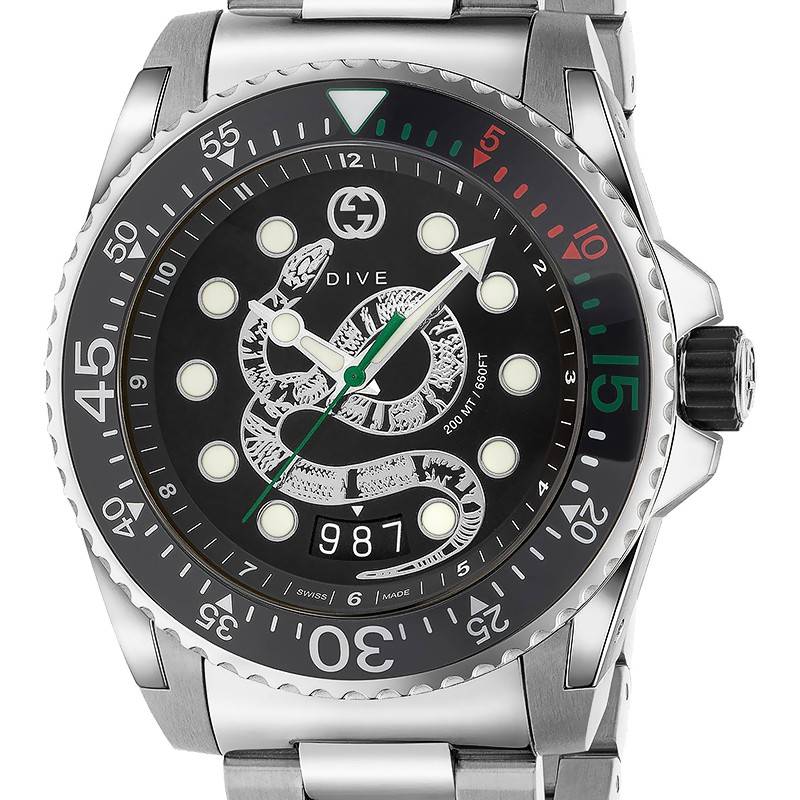 Gucci Dive Snake Black Dial Silver Steel Strap Watch For Men - YA136218
