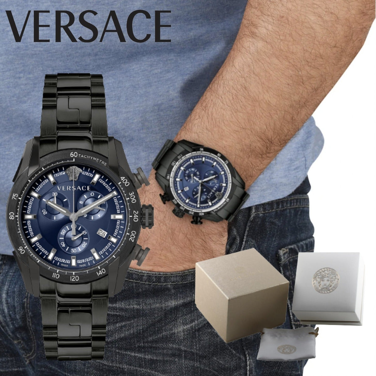 Versace V-Ray Chronograph Quartz Blue Dial Black Leather Strap Watch For Men - VEDB00418