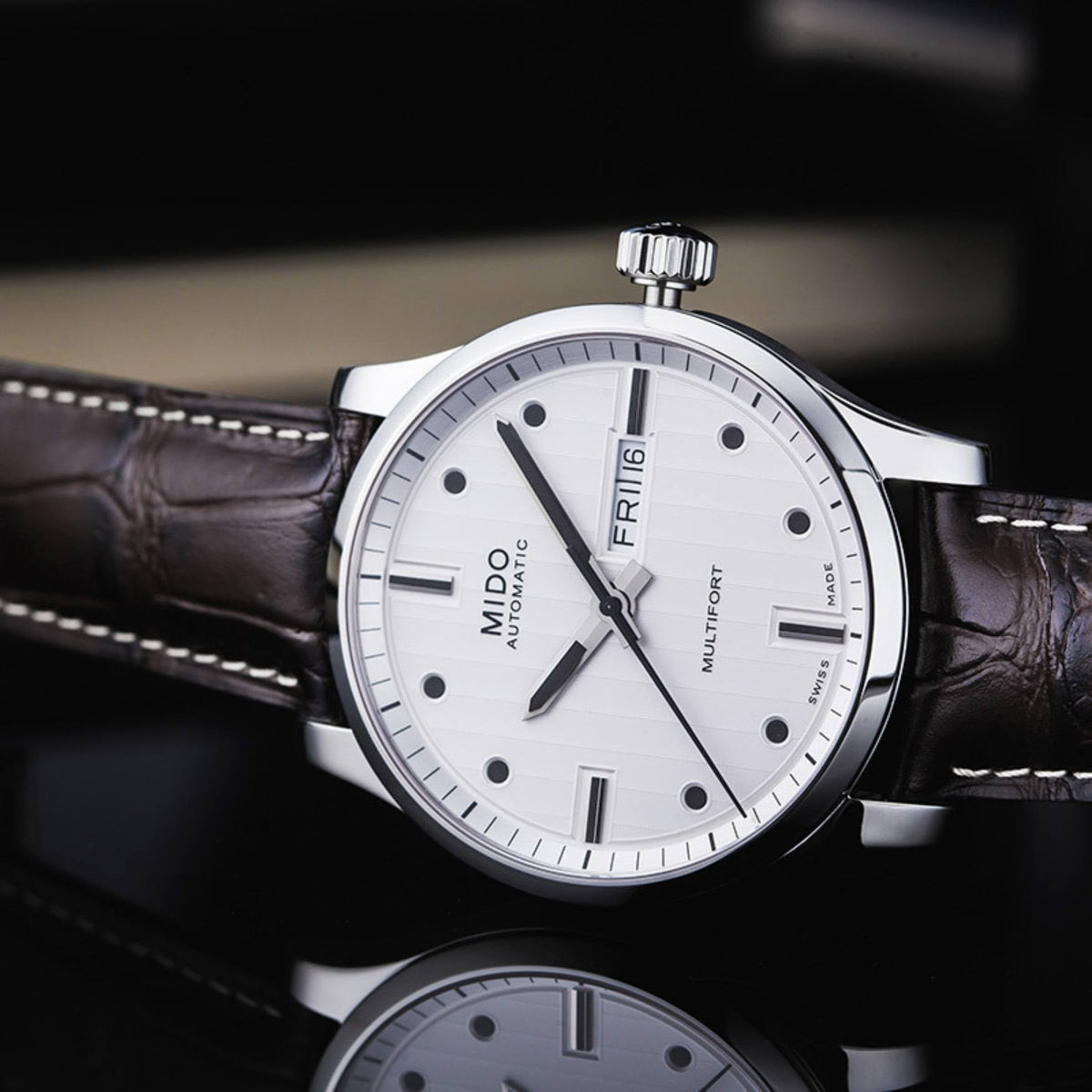 Mido Multifort Automatic Silver Dial Black Leather Strap Watch For Men - M005.430.16.031.80