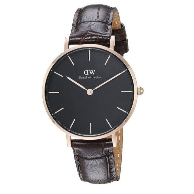 Daniel Wellington Classic Petite York Black Dial Brown Leather Strap Watch For Women - DW00100170