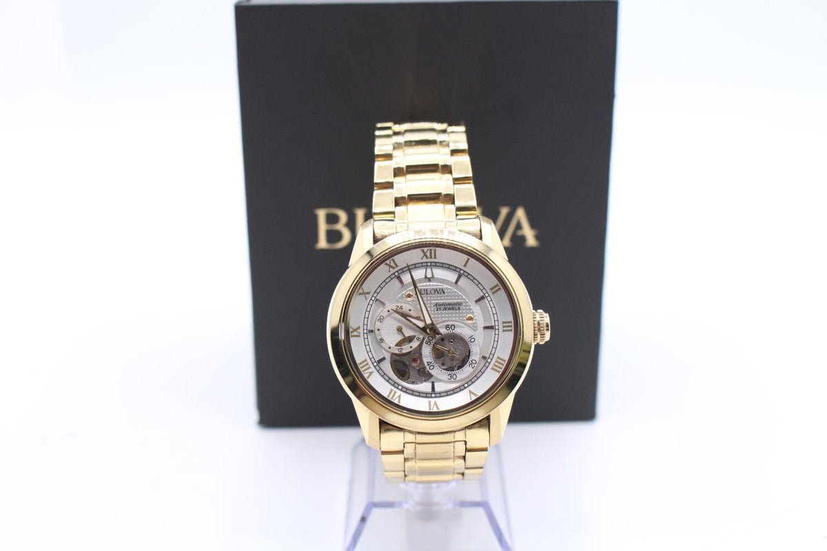 Bulova BVA Skeleton Silver Dial Gold Steel Strap Watch for Men - 97A108