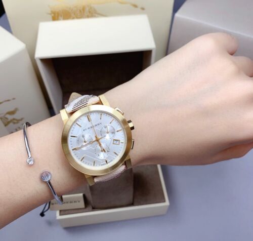 Burberry The City White Dial Haymarket Beige Leather Strap Watch for Women - BU9752