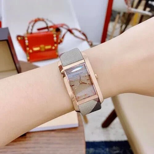 Burberry The Pioneer Rose Gold Dial Haymarket Brown Leather Strap Watch for Women - BU9408