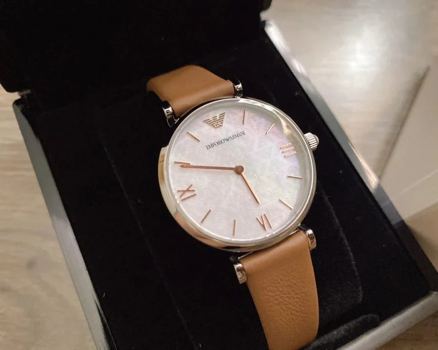 Emporio Armani Gianni T-Bar White Dial Brown Leather Strap Watch for Women - AR1988