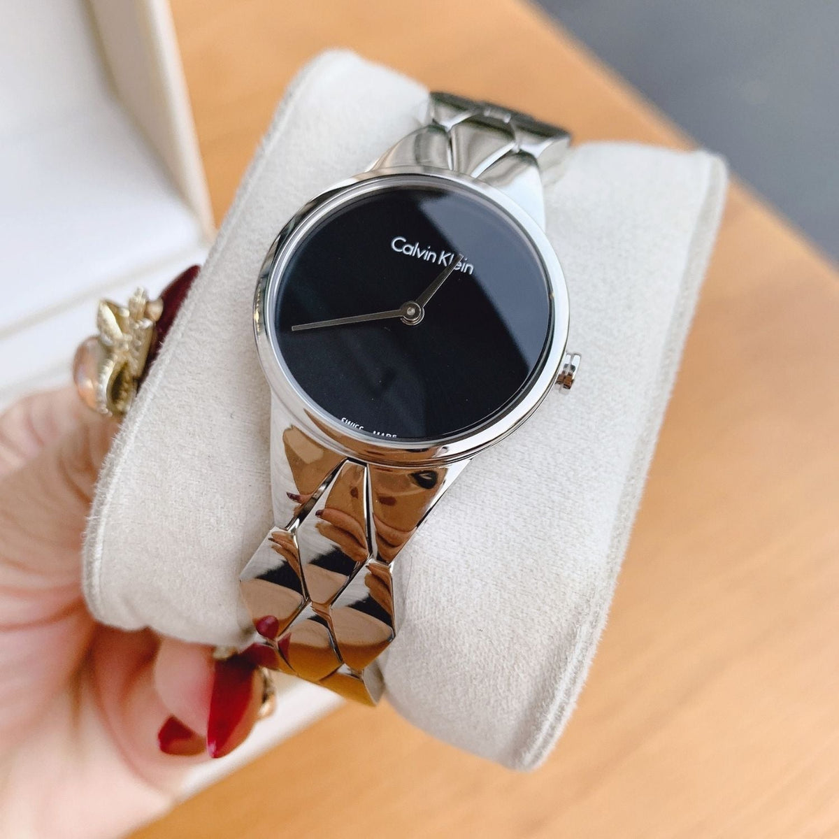 Calvin Klein Snake Black Dial Silver Steel Strap Watch For Women - K6E23141