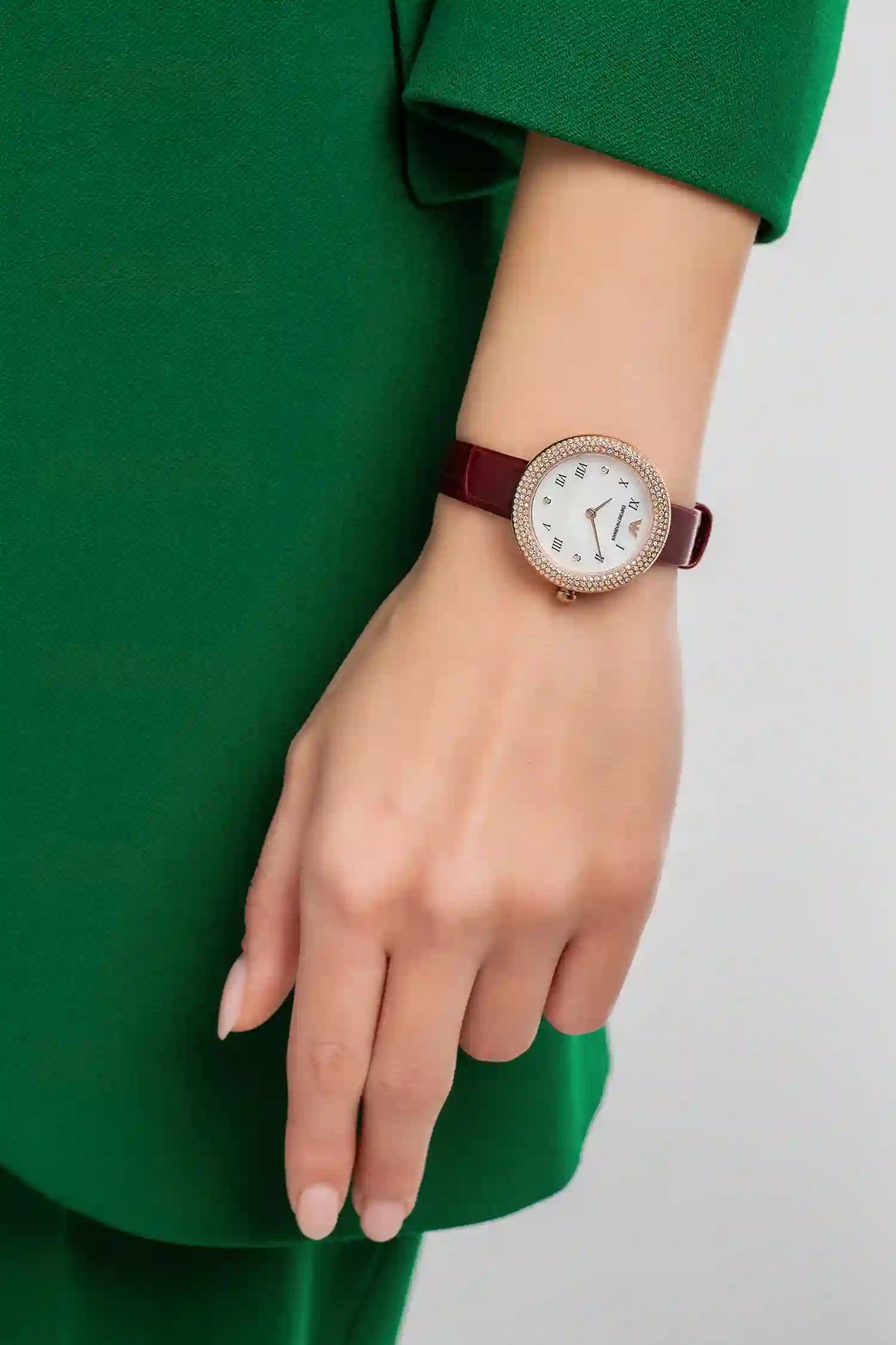 Emporio Armani Rosa Two Hand White Dial Red Leather Strap Watch For Women - AR11357