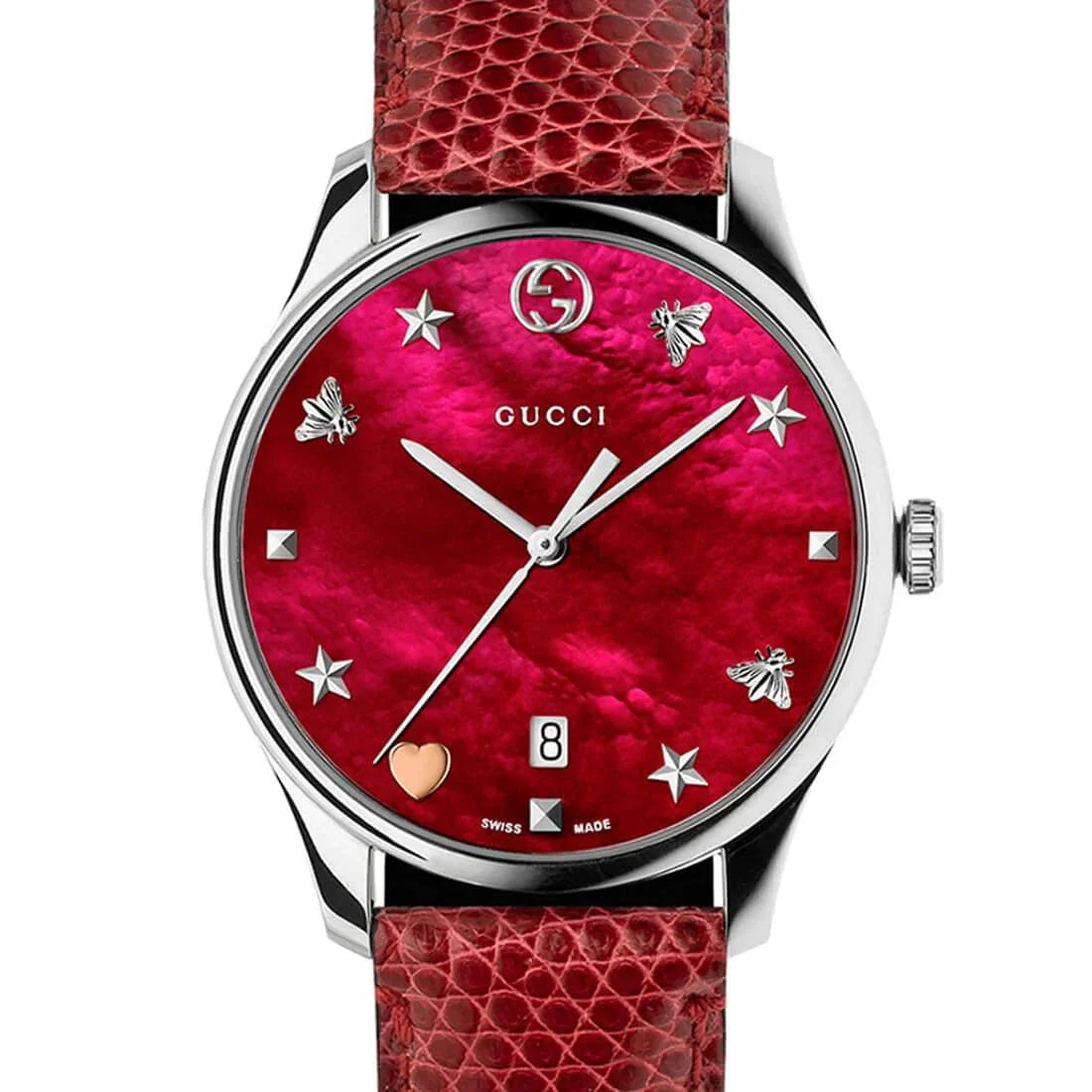 Gucci G-Timeless Mother of Pearl Red Dial Red Leather Strap Watch For Women - YA1264041
