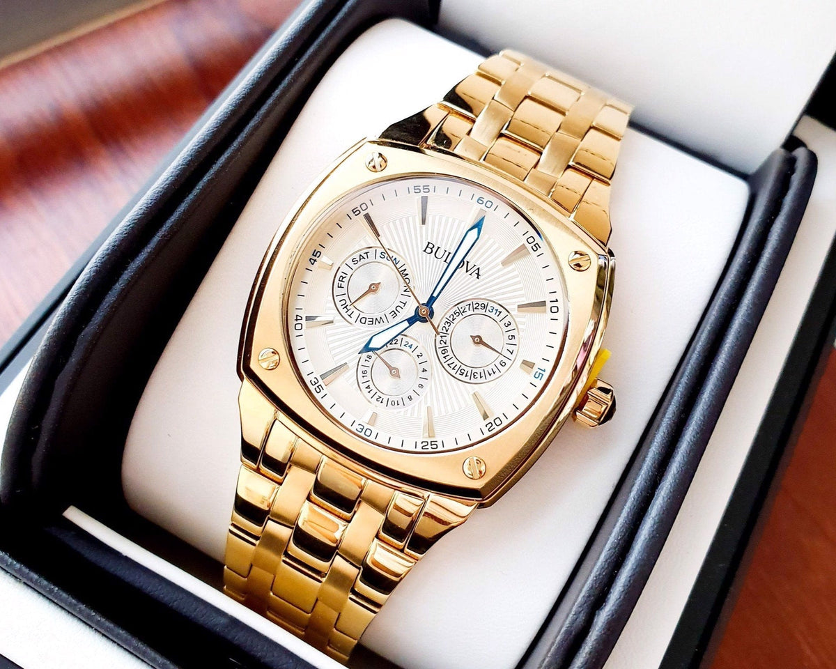 Bulova Multifunction White Dial Gold Steel Strap Watch for Men - 97C105