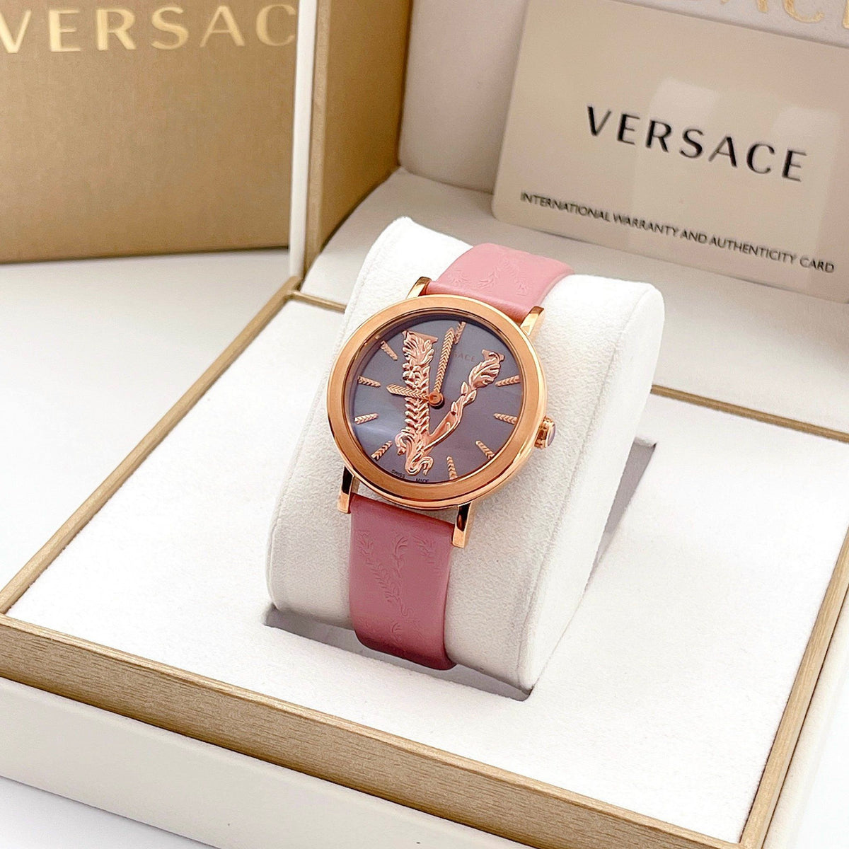 Versace Virtus Quartz Grey Dial Pink Leather Strap Watch for Women - VEHC00319