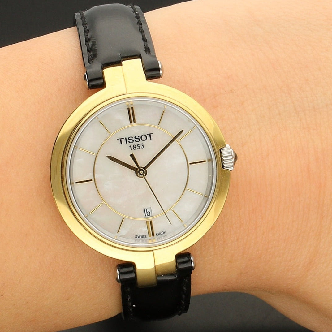 Tissot Flamingo Mother of Pearl White Dial Black Leather Strap Watch For Women - T094.210.26.111.00